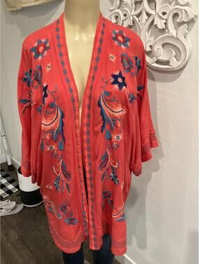 Curations Red Floral Embroidered Kimono Cardigan Size M/L